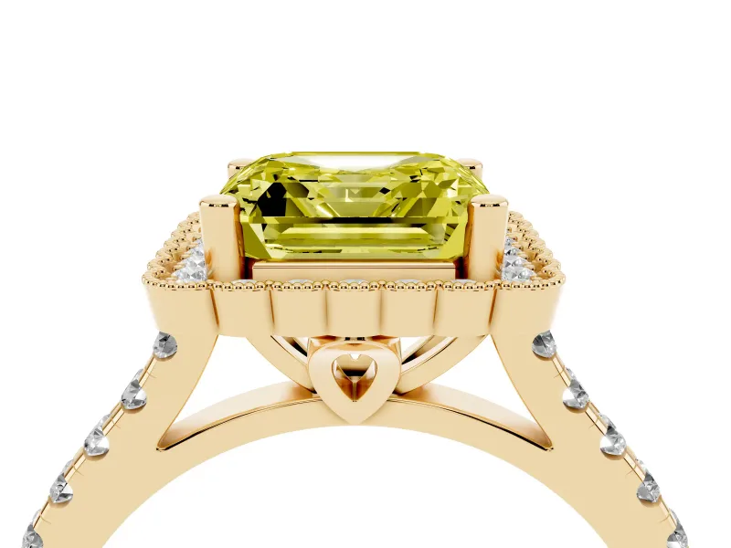 Asscher Cut Milgrain Floral Halo Engagement Ring Setting for a Fancy Yellow Lab-Grown Diamond | Pavé Band | Yellow Gold