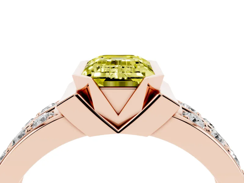 Emerald Cut Half Bezel Engagement Ring Setting for a Fancy Yellow Lab-Grown Diamond | Channel Band | Rose Gold