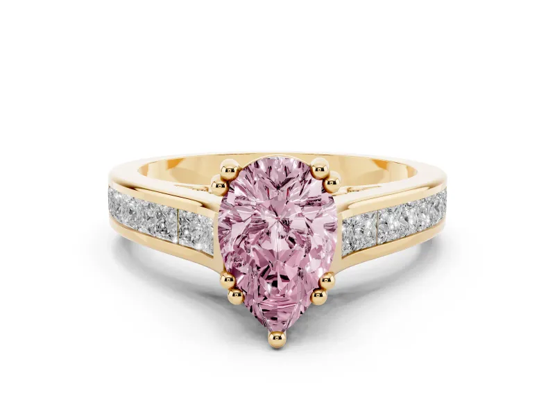 Fancy Pink Pear Cut Diamond Channel Set Solitaire Engagement Ring Set in Yellow gold with Prong Setting