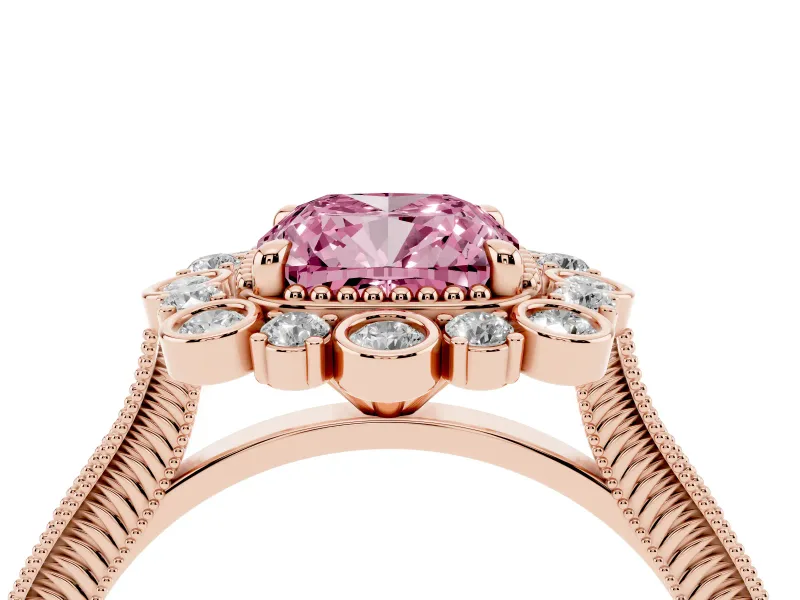 Fancy Pink Cushion Cut Diamond Halo Milgrain Pavé Ring Set in Rose gold with Prong Setting