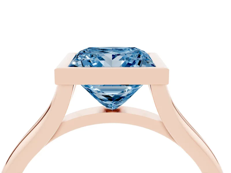 Fancy Blue Bezel Set Princess Cut Diamond Solitaire Ring Set in Rose gold with Tapered Band