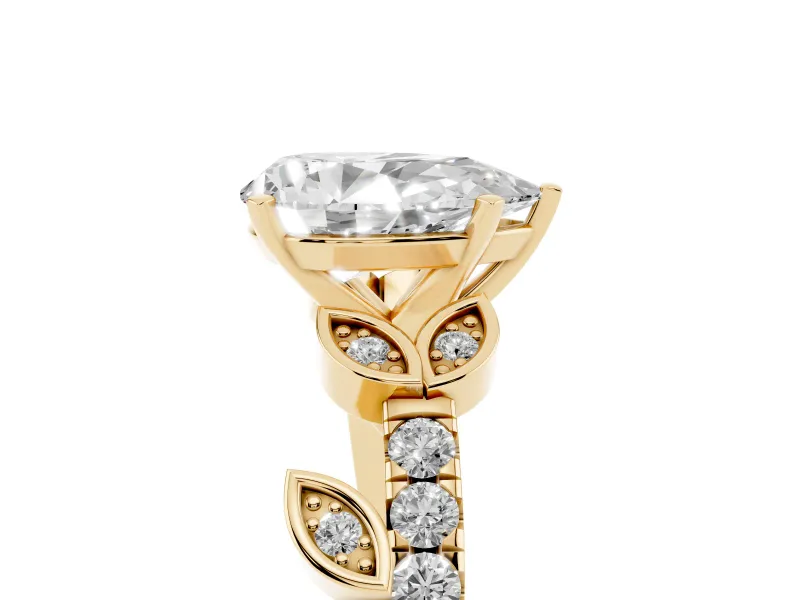 Pear-Shaped Leaf Pavé Engagement Ring Setting | Leaf Motif Shoulders | Yellow Gold