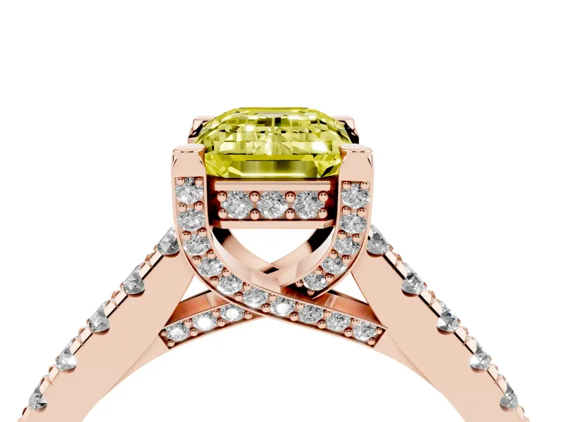 Emerald Cut Hidden Halo Pave Engagement Ring Setting for a Fancy Yellow Lab-Grown Diamond | Claw Prongs | Rose Gold