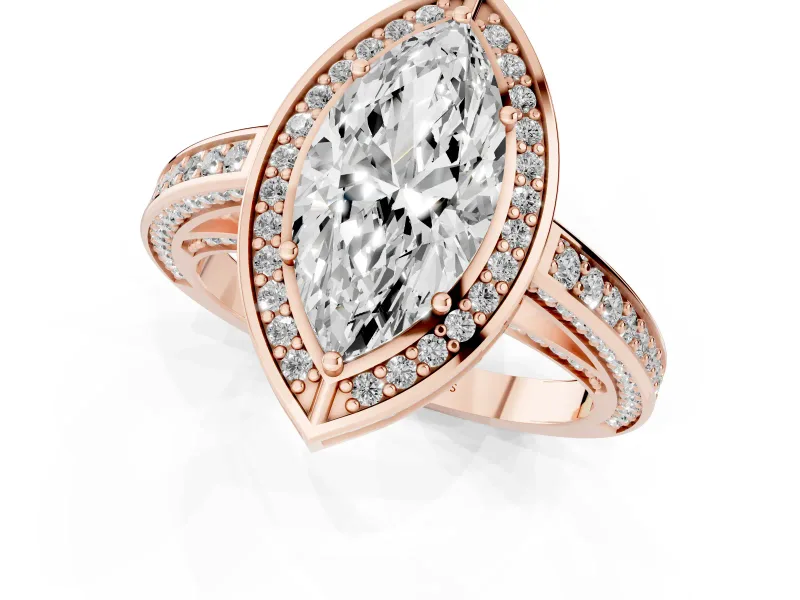 Marquise Cut Diamond Halo Pavé Split Shank Ring Set in Rose gold with Prong Setting