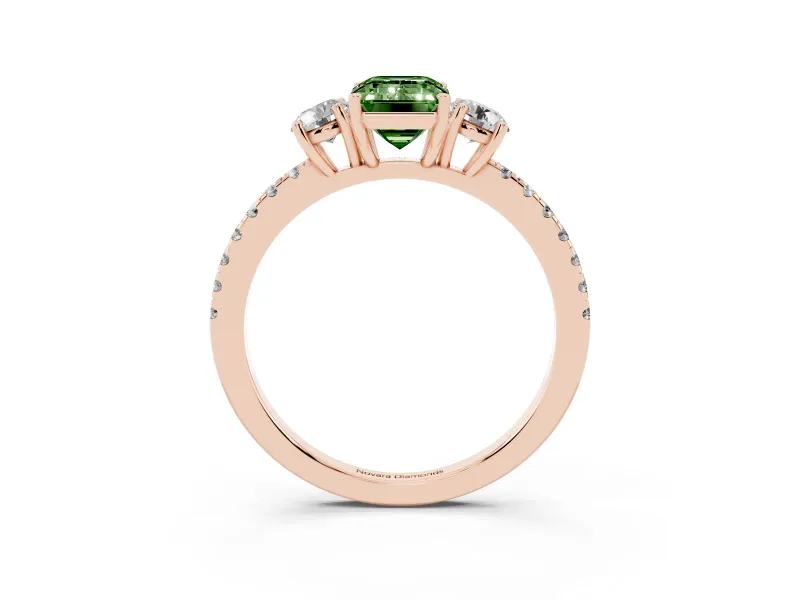 Emerald Cut Three Stone Engagement Ring Setting for a Fancy Green Lab-Grown Diamond | Pave Shoulders | Rose Gold