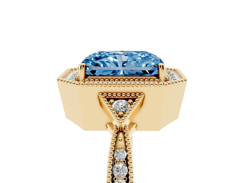Fancy Blue Radiant Cut Diamond Halo Engagement Ring Set in Yellow gold with Milgrain Pavé Band