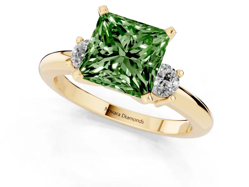 Fancy Green Three-Stone Princess Cut Diamond Ring Set in Yellow gold with Prong Setting and Plain Band