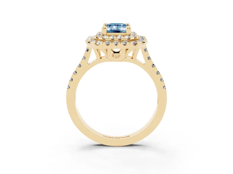 Emerald Cut Double Halo Engagement Ring Setting for a Fancy Blue Lab-Grown Diamond | Pave Shoulders | Yellow Gold