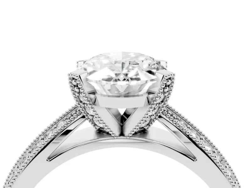 Oval Cut Diamond Solitaire Ring Set in Silver with Milgrain Double Row Round Pavé Band