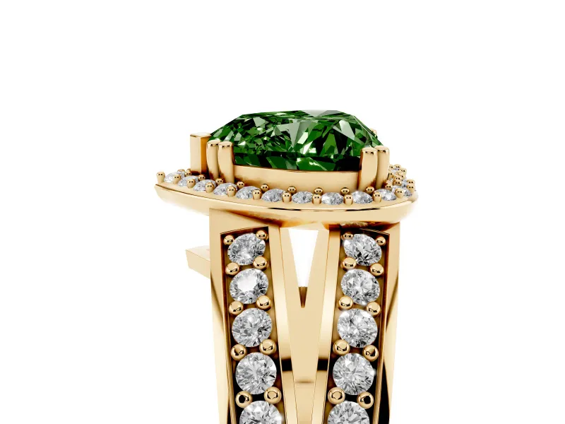Fancy Green Heart Cut Diamond Halo Ring Set in Yellow gold with Double Pavé Split Shank
