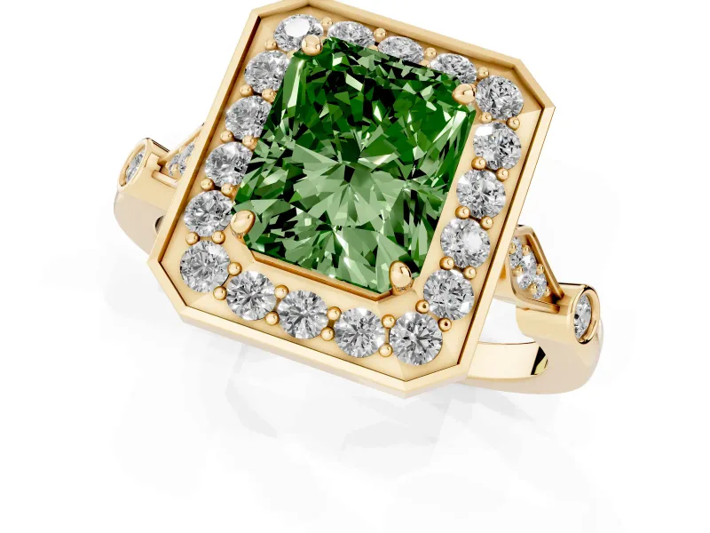 Radiant Cut Halo Engagement Ring Setting for a Fancy Green Lab-Grown Diamond | Bezel Station Shoulders | Yellow Gold