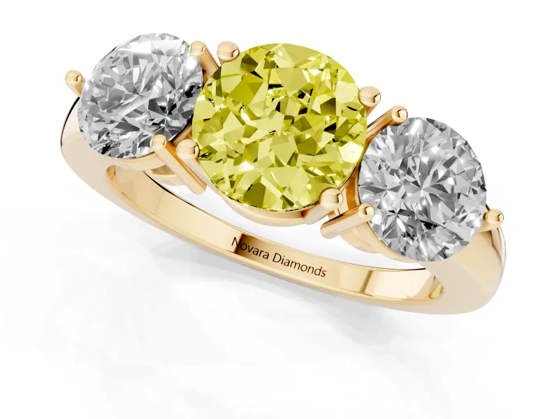 Round Three Stone Engagement Ring Setting for a Fancy Yellow Lab-Grown Diamond | Large Round Side Stones | Yellow Gold