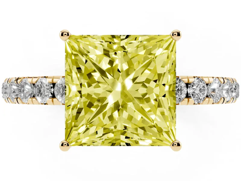 Princess Cut Pave Engagement Ring Setting for a Fancy Yellow Lab-Grown Diamond | Shared Prong Band | Yellow Gold