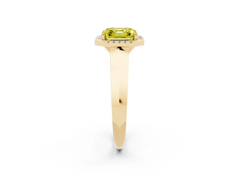 Fancy Yellow Asscher Cut Diamond Halo Ring Set in Yellow gold with Cathedral Band and Prong Setting