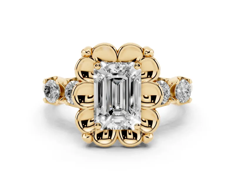 Emerald Cut Diamond Floral Halo Ring Set in Yellow gold with Shared Prong Band