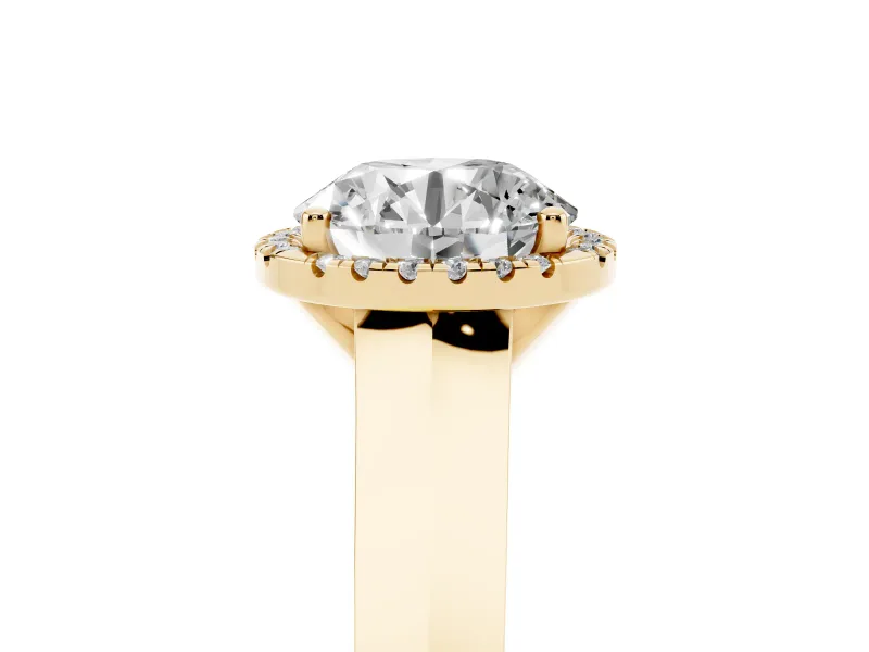 Round Cut Diamond Halo Ring Set in Yellow gold with Cathedral Band and Prong Setting