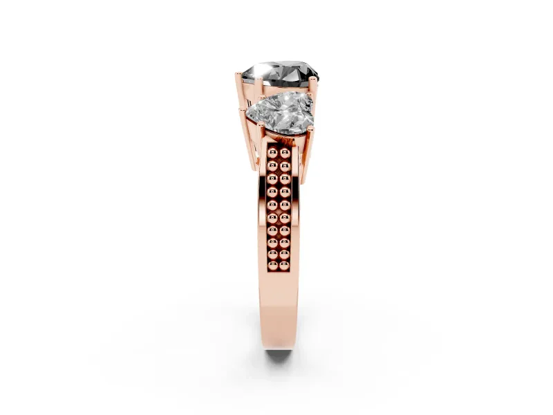 Heart-Shaped Three Stone Engagement Ring Setting for a Black Center | Beaded Shoulders | Rose Gold