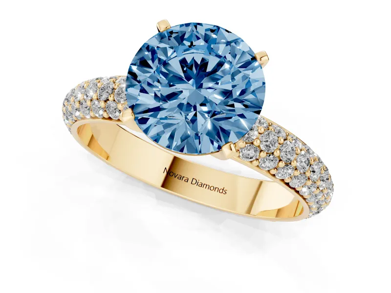 Fancy Blue Round Cut Diamond Solitaire Ring Set in Yellow gold with Prong Setting and Pavé-Set Band