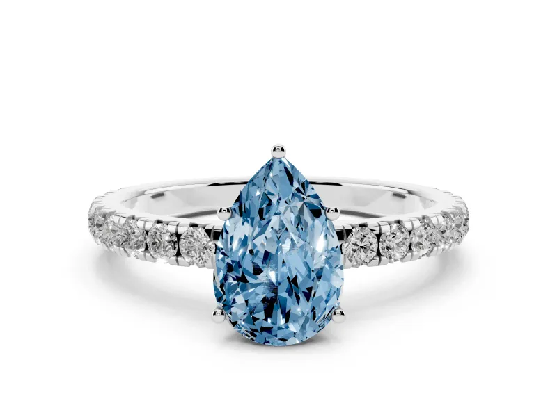Fancy Blue Pear Cut Diamond Pavé Solitaire Engagement Ring Set in Silver with Prong Setting