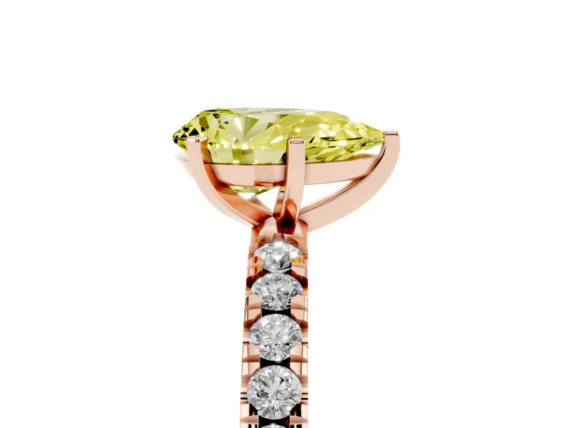 Fancy Yellow Pear Cut Diamond Pavé Band Solitaire Set in Rose gold with Prong Setting
