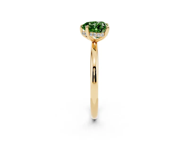 Fancy Green Heart Cut Diamond Solitaire Ring Set in Yellow gold with Thin Band and Prong Setting
