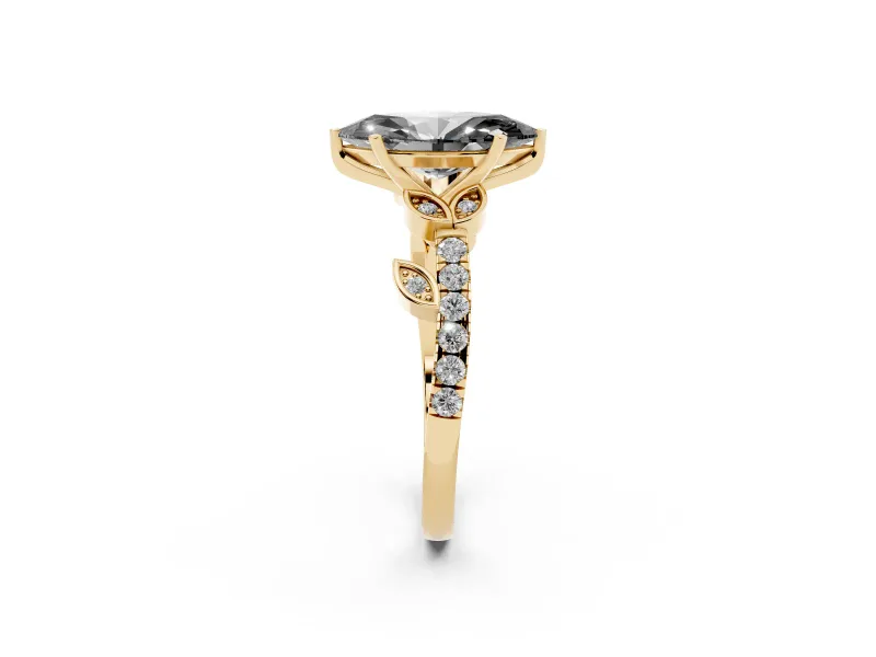 Fancy Black Marquise Cut Diamond Solitaire Leaf-Inspired Ring Set in Yellow gold with Pavé Band and Prong Setting