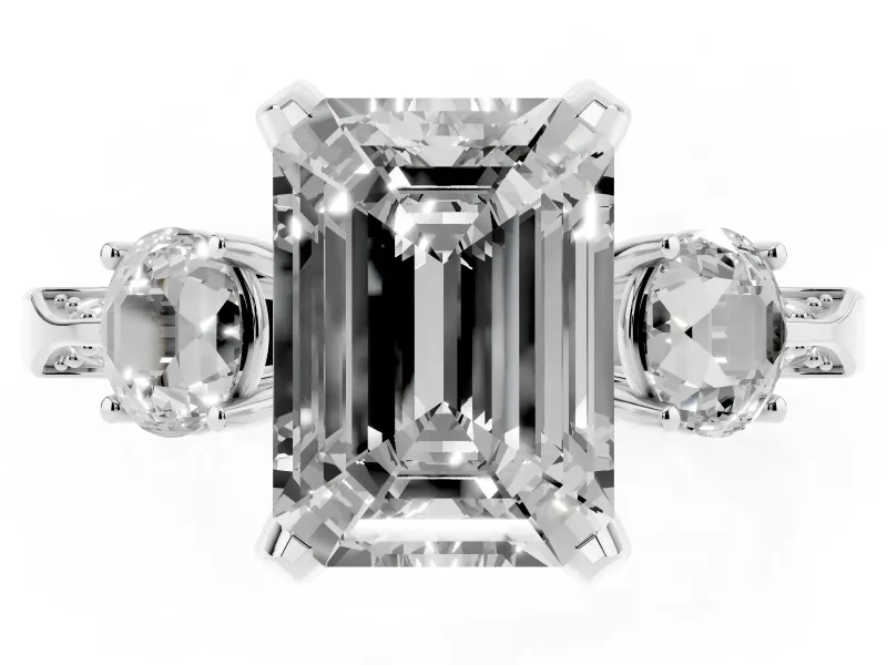 Emerald Cut Hidden Halo Three Stone Engagement Ring Setting for a Fancy Pink Lab-Grown Diamond | Sterling Silver