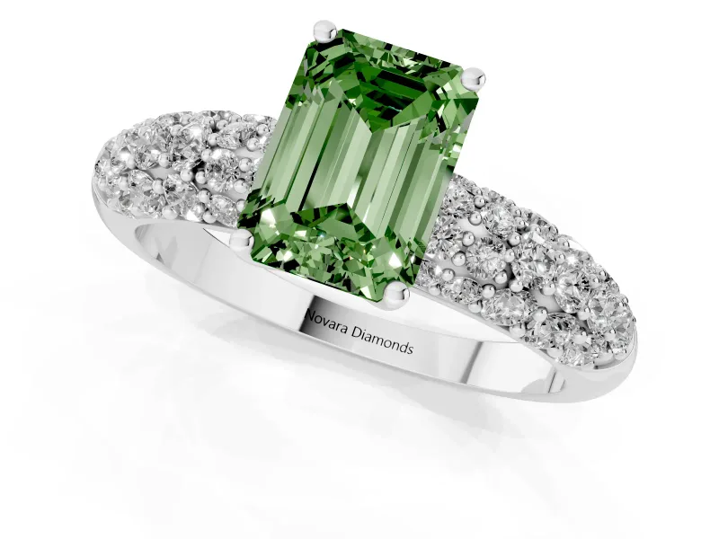 Emerald Cut Multi Row Pave Engagement Ring Setting for a Fancy Green Lab-Grown Diamond | Platinum