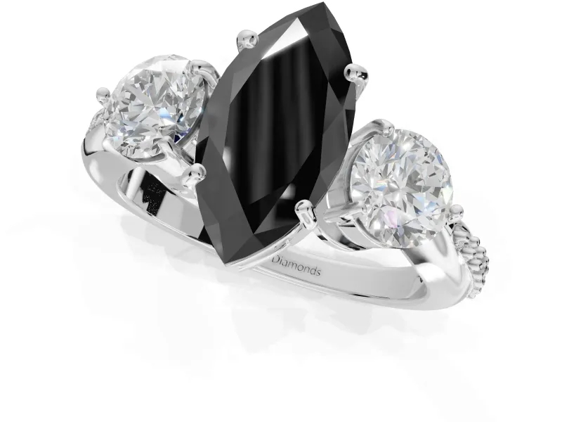 Fancy Black Marquise Lab-Grown Diamond Three-Stone Ring Set in Sterling Silver with Channel-Set Band and Prong Setting