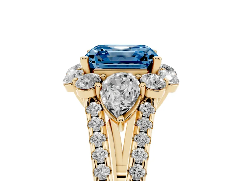Asscher Cut Scalloped Halo Engagement Ring Setting for a Fancy Blue Lab-Grown Diamond | Pear Side Stones | Yellow Gold