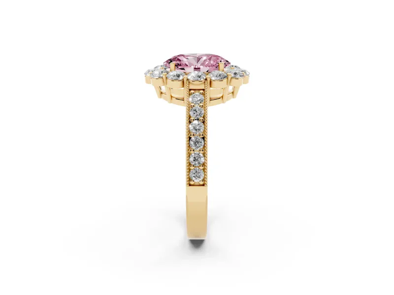Oval Vintage Halo Engagement Ring Setting for a Fancy Pink Lab-Grown Diamond | Yellow Gold