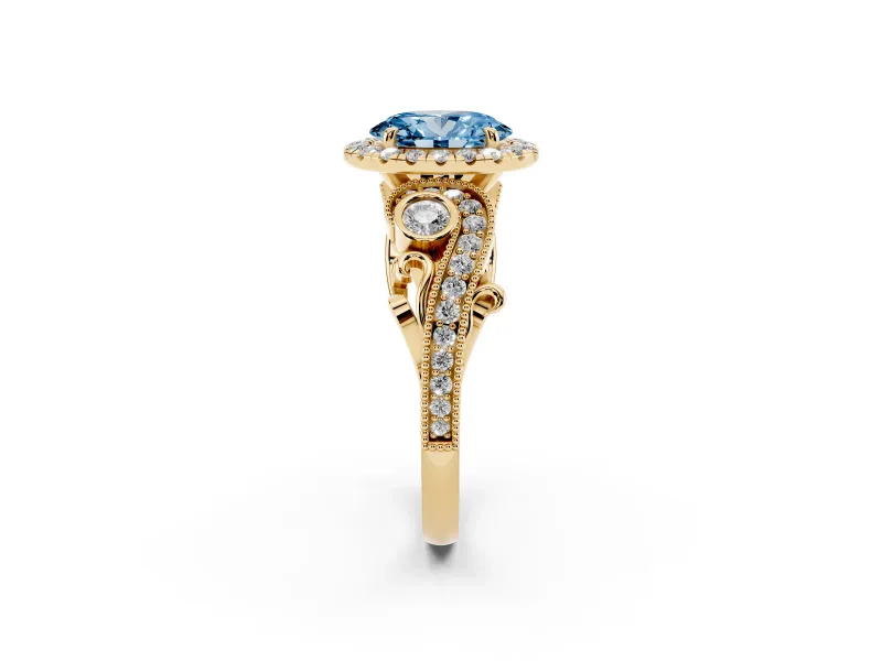 Fancy Blue Oval Cut Diamond Halo Ring Set in Yellow gold with Milgrain Pavé Band and Prong Setting