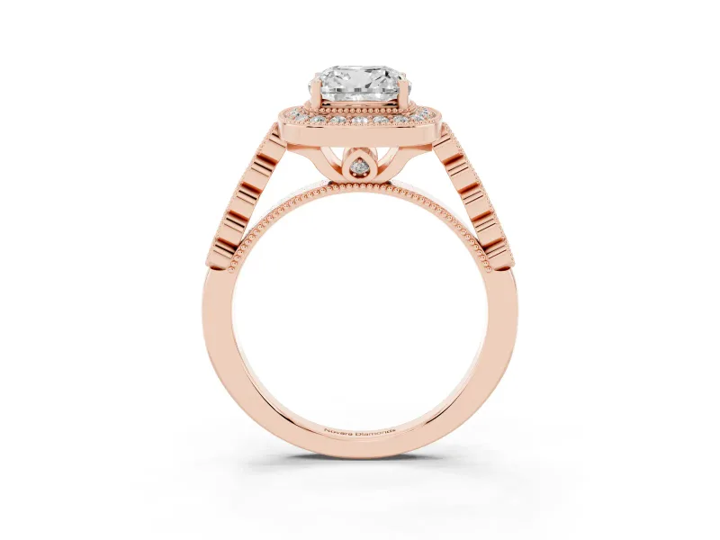 Cushion Cut Milgrain Halo Engagement Ring Setting | Graduated Bezel Accents | Rose Gold