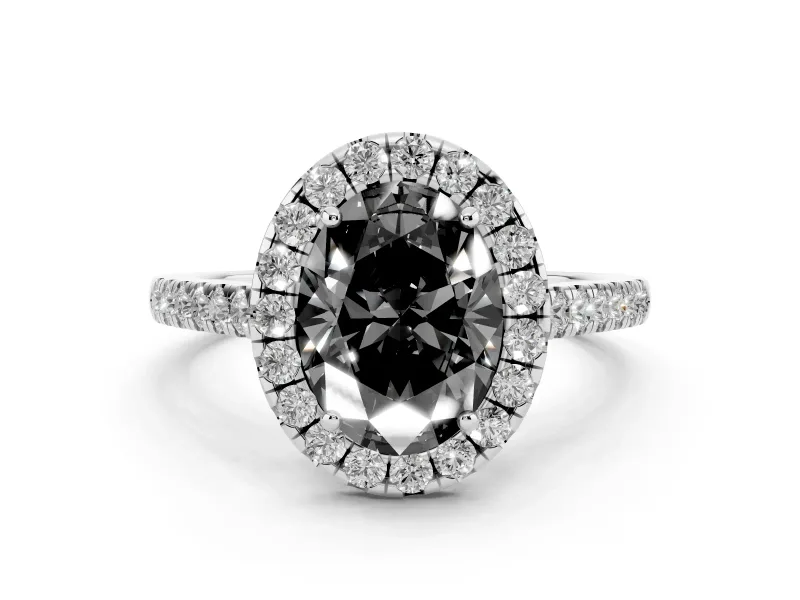 Fancy Black Oval Cut Diamond Halo Pavé Engagement Ring Set in White gold with Prong Setting