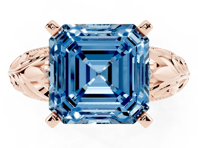 Fancy Blue Asscher Cut Diamond Filigree Halo Engagement Ring Set in Rose gold with Prong Setting