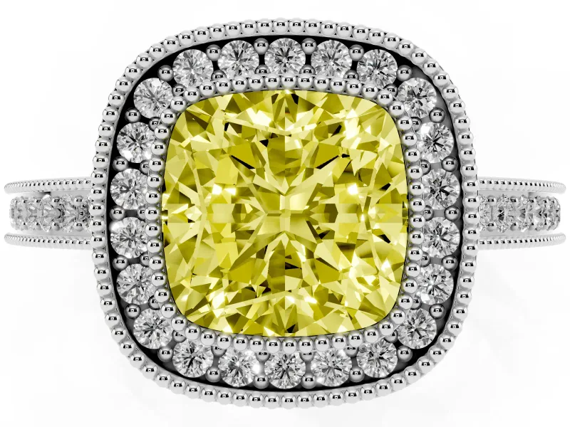 Fancy Yellow Cushion Cut Diamond Halo Ring Set in Platinum with Pavé Band and Milgrain-Edged Prongs
