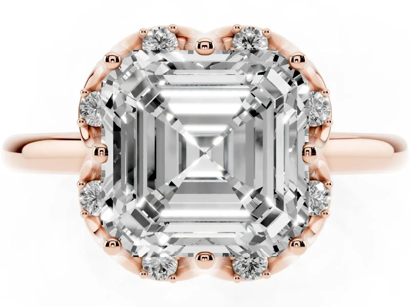 Asscher Cut Scalloped Petal Halo Engagement Ring Setting | Plain Band | Rose Gold