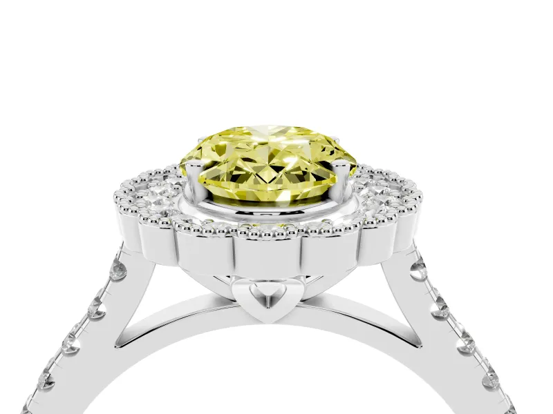 Fancy Yellow Oval Cut Diamond Milgrain Floral Halo Engagement Ring Set in Platinum with Pavé Band