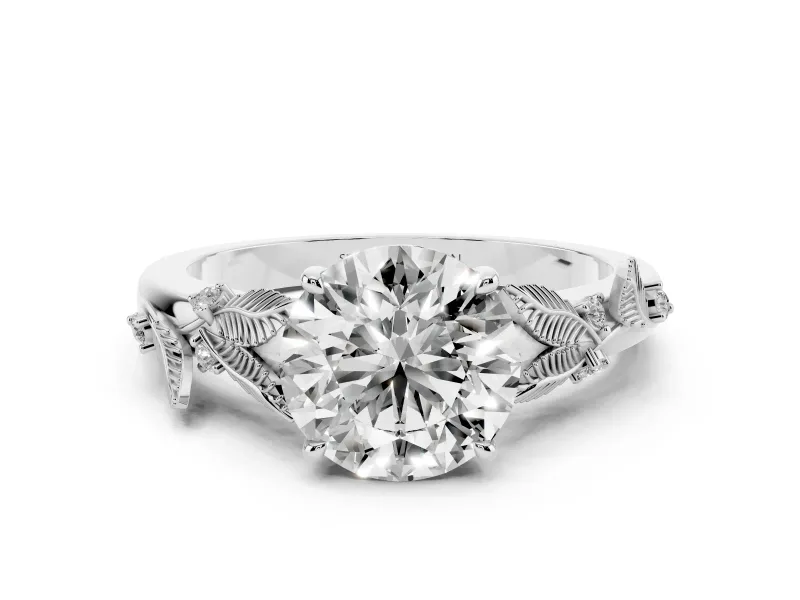 Round Cut Diamond Solitaire Ring Set in Platinum with Leaf Motif Band