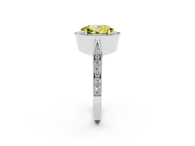 Oval Milgrain Halo Engagement Ring Setting for a Fancy Yellow Lab-Grown Diamond | Side Stones | Platinum