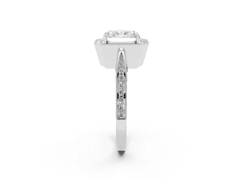Radiant Cut Vintage Milgrain Halo Engagement Ring Setting | Side Stones and Pave | Platinum