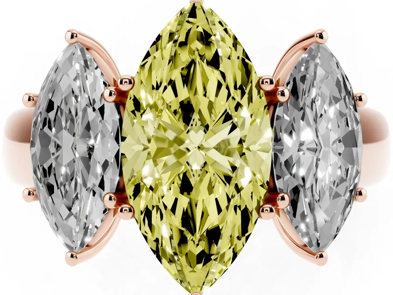 Fancy Yellow Three-Stone Marquise Cut Diamond Ring Set in Rose gold with Matching Prong Settings and Plain Band