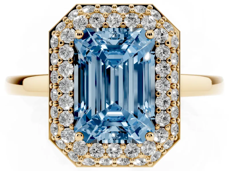 Emerald Cut Pave Halo Engagement Ring Setting for a Fancy Blue Lab-Grown Diamond | Slim Plain Band | Yellow Gold