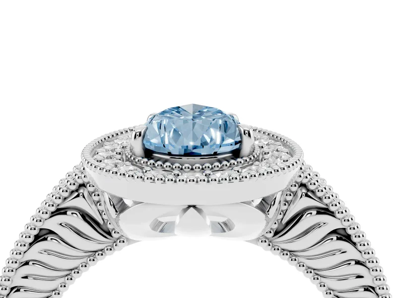 Fancy Blue Pear Cut Diamond Halo Ring Set in White gold with Round Accent Halo, Pavé Band and Prong Setting