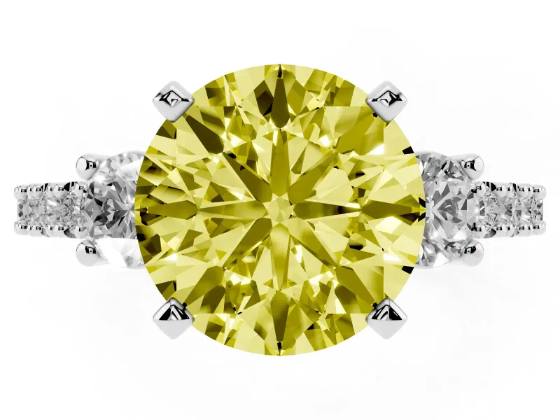 Round Three Stone Pavé Engagement Ring Setting for a Fancy Yellow Lab-Grown Diamond | Round Side Stones | Platinum