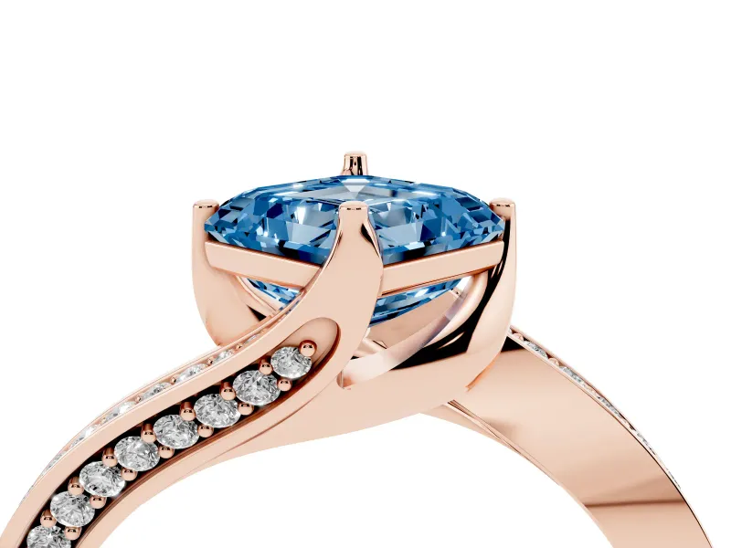 Asscher Cut Bypass Pavé Solitaire Engagement Ring Setting for a Fancy Blue Lab-Grown Diamond | Angled Head | Rose Gold