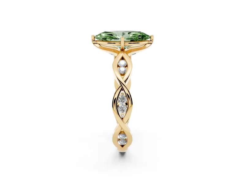 Fancy Green Marquise Cut Diamond Twist Band Solitaire Ring Set in Yellow gold with Leaf Prong Setting and Accent Stones
