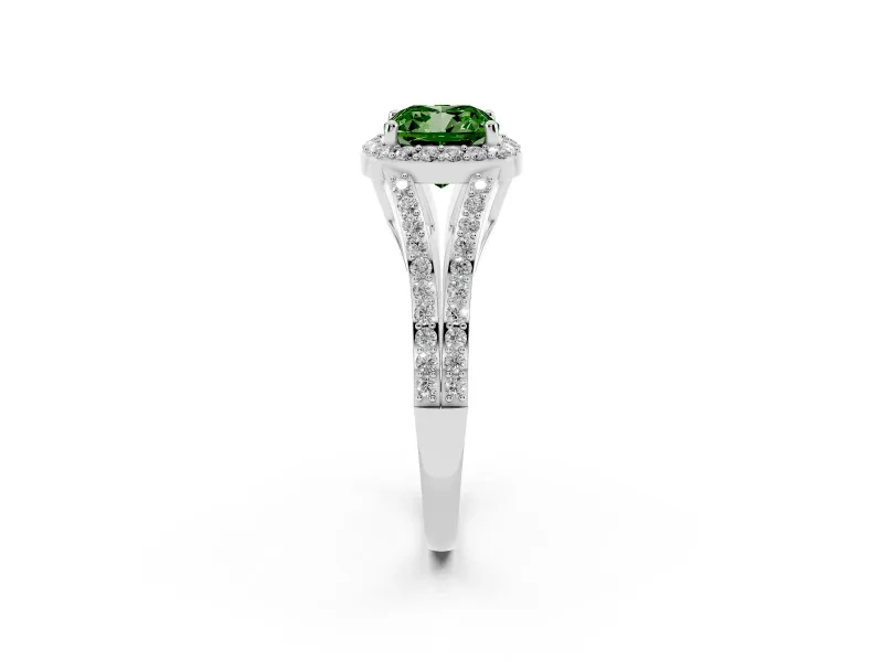 Cushion Cut Halo Engagement Ring Setting for a Fancy Green Lab-Grown Diamond | V-Split Pavé Band | Sterling Silver