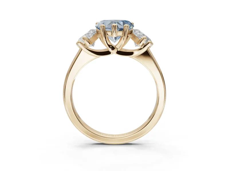Heart-Shaped Three Stone Engagement Ring Setting for a Fancy Blue Lab-Grown Diamond | Tapered Band | Yellow Gold