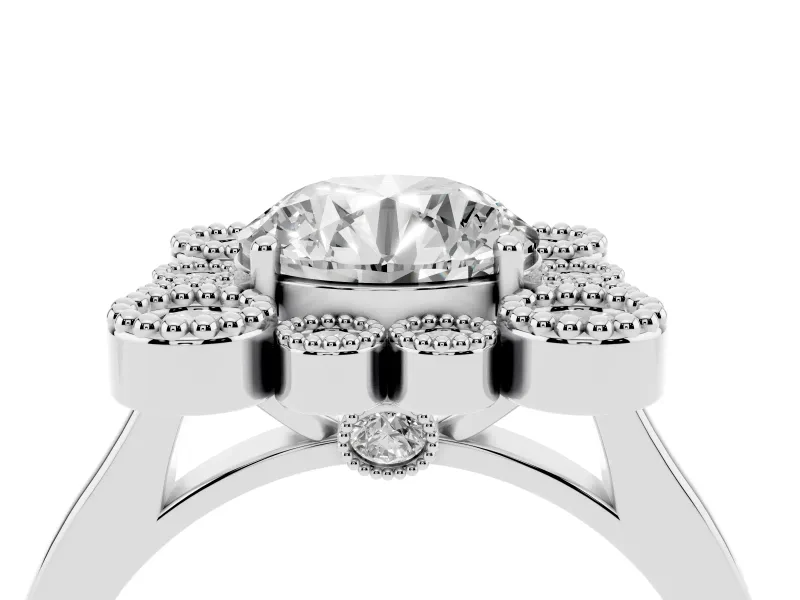 Round Vintage Milgrain Bezel Cluster Halo Engagement Ring Setting | Plain Band | Sterling Silver